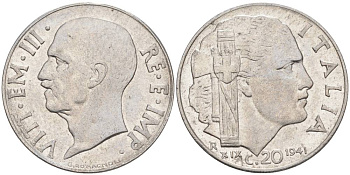 ИТАЛИЯ 20 ЧЕНТЕЗИМО 1941 R, ГОД XIX, ВИКТОР ЭММАНУИЛ III (1900-1946) KM 75b, VEM3. 1028 нержавеющая сталь 3853-914