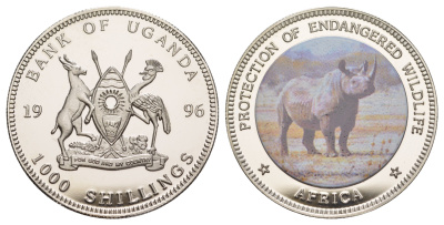 Уганда 100 шиллингов 1996 Защита исчезающих видов дикой природы, Африка - Носорог KM 44 медно-никель PROOF 1079-10-31