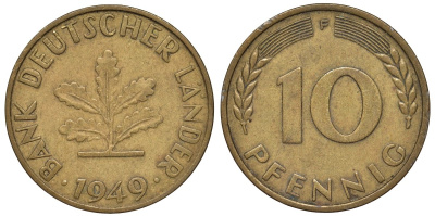 ФРГ 10 пфеннигов 1949 F KM 103, J. 378 сталь плакированная латунью 4132-514