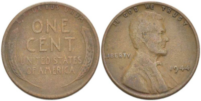 США 1 цент 1944 Линкольн KM А132 медь цинк 218-153