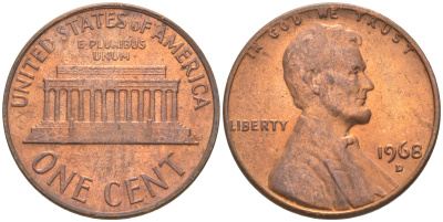 США 1 ЦЕНТ 1968 D, ЛИНКОЛЬН KM 201 медь цинк 187-1154