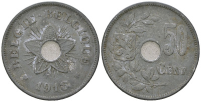 Бельгия 50 сантимов 1918 германская оккупация первая мировая война, Альберт I (1910-1934) KM 83 цинк 4616-357