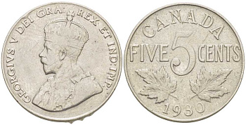 КАНАДА 5 ЦЕНТОВ 1930 ГЕОРГ V KM 29 никель 4448-923