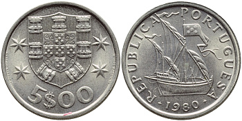 ПОРТУГАЛИЯ 5 ЭСКУДО 1980 ПАРУСНИК KM 591 медно-никель 4395-914