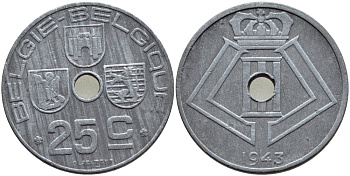 БЕЛЬГИЯ 25 САНТИМОВ 1943 BELGIE-BELGIQUE, ГЕРМАНСКАЯ ОККУПАЦИЯ, ВТОРАЯ МИРОВАЯ ВОЙНА KM 132 цинк 86-1225