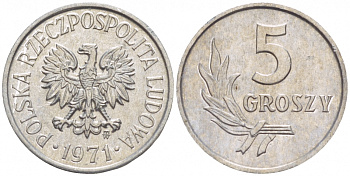 ПОЛЬША 5 ГРОШЕЙ 1971 MW KM А46 алюминий UNC 4549-115