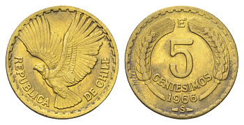 Чили 5 сентесимо 1966 KM 190 алюминиевая бронза UNC 4662-541