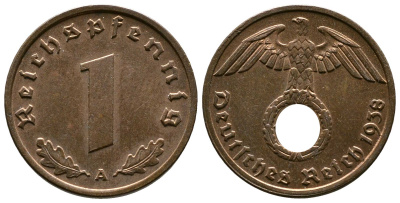 Германия 1 рейхспфенниг 1938 A KM 89, J. 361 бронза    220-254