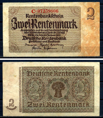 Германия 2 рентенмарки 1937 Pick 174 b бумага 8621-47-2-2