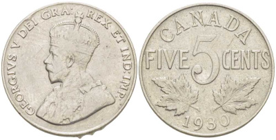 КАНАДА 5 ЦЕНТОВ 1930 ГЕОРГ V KM 29 никель 4448-923