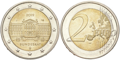 Германия 2 евро 2019 J, 70 лет Бундесрату KM 389 биметал UNC 4155-125