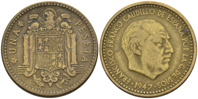 Испания 1 песета 1947 (52) Франсиско Франко (1939-1975) KM 775 алюминиевая бронза 3336-113