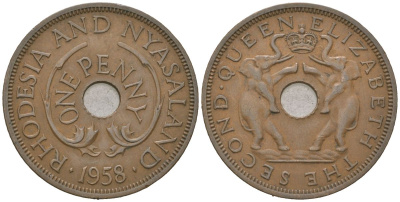 Родезия и Ньясаленд 1 пенни 1958 Елизавета II (1952-2022) KM 2 бронза 4616-122