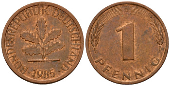 ФРГ 1 пфенниг 1985 D KM 105, J.380 сталь плакированная медью 4602-764