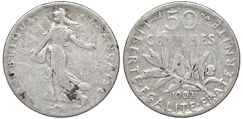 ФРАНЦИЯ 50 САНТИМОВ 1903 KM 854 серебро 4178-269