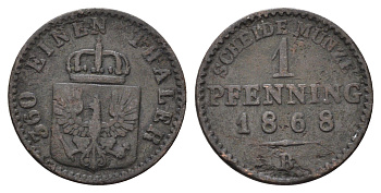 Пруссия 1 пфенниг 1868 B KM 480 медь 4682-927