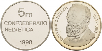 ШВЕЙЦАРИЯ 5 ФРАНКОВ 1990 ГОТФРИД КЕЛЛЕР KM 69 медно-никель PROOF 1087-3-43