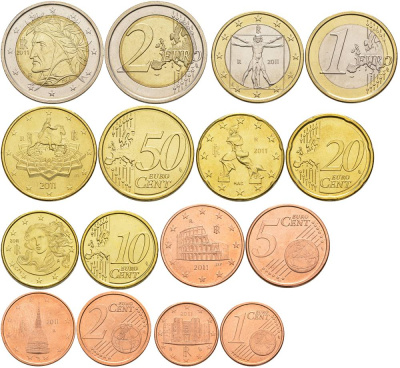 ИТАЛИЯ ЕВРОНАБОР ИЗ 8 МОНЕТ 2011 1, 2, 5, 10, 20, 50 ЕВРОЦЕНТОВ, 1 И 2 ЕВРО UNC 181-1221