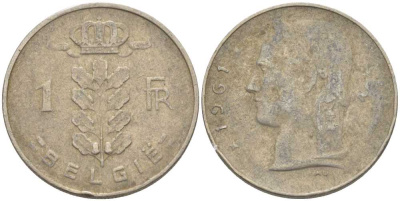 БЕЛЬГИЯ 1 ФРАНК 1961 BELGIE, БОДУЭН I (1951-1993) KM 143.1 медно-никель 119-556