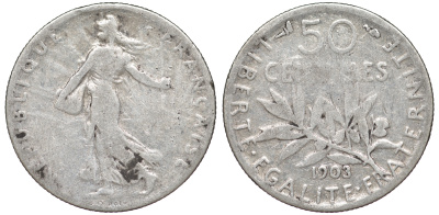 ФРАНЦИЯ 50 САНТИМОВ 1903 KM 854 серебро 4178-269