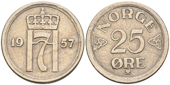 Норвегия 25 эре 1957 Хокон VII (1905-1957) KM 401 медно-никель 4580-1026