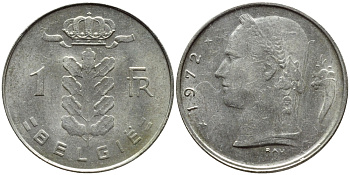 БЕЛЬГИЯ 1 ФРАНК 1972 BELGIE KM 143.1 медно-никель 4395-437