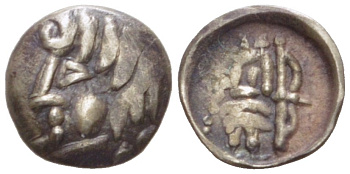 Древняя Греция, Скифия обол 250 - 130 гг. до н.э. Согдиана, Скифская Даха, голова/лучник, 0,34 гр MACW 350 серебро 1073-11-74