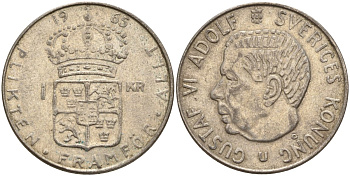 Швеция 1 крона 1965 U, Густав VI Адольф (1950-1973) KM 826 серебро 4150-155