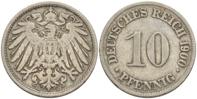 ГЕРМАНИЯ 10 ПФЕННИГОВ 1900 D KM 12, J. 13 медно-никель 77-946