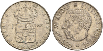 Швеция 1 крона 1965 U, Густав VI Адольф (1950-1973) KM 826 серебро 4150-155