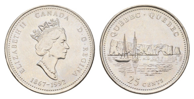 Канада 25 центов 1992 125 лет Конфедерации Канада - Квебек KM 234 никель UNC 4678-1134
