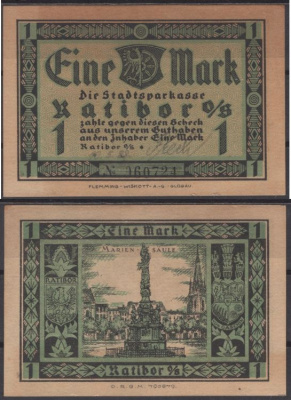 Ратибор 1 марка ND (1921) Mehl Grabowski 1100.1a-1/5 бумага UNC (пресс) 8595-43-4-2