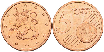 ФИНЛЯНДИЯ 5 ЕВРОЦЕНТОВ 2002 M KM 100 сталь плакированная медью UNC 214-325