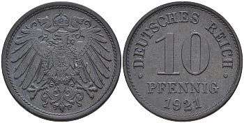 Германия 10 пфеннигов 1921  KM 26 J. 299 цинк    4153-323