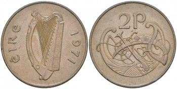 Ирландия 2 пенса 1971 виньетка в виде стилизованной птицы из второй библии Карла II лысого KM 21 бронза 77-756