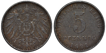 Германия 5 пфеннигов 1921 A KM 19, J. 297, Weege 5 железо 4118-1115