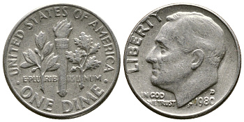 США 10 центов = дайм 1980 D, Рузвельт KM 195а медь плакированная медно-никелем 57-1147