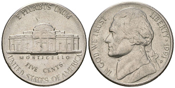 США 5 центов 1991 P, Томас Джефферсон KM A192 медно-никель aUNC 216-345