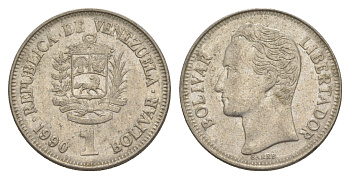 Венесуэла 1 боливар 1990 Симон Боливар, толстый шрифт Y 52a.2 сталь плакированная никелем 4591-1025