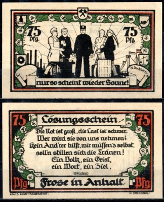 Фрозе (Анхальт) 75 пфеннигов 1921 Mehl Grabowski 398.5 бумага UNC (пресс) 7555-19-3-2