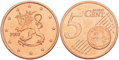 ФИНЛЯНДИЯ 5 ЕВРОЦЕНТОВ 2002 M KM 100 сталь плакированная медью UNC 214-325