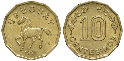 Уругвай 10 сентесимо 1981 KM 66 алюминиевая бронза 4169-526