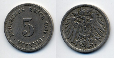 ГЕРМАНИЯ 5 ПФЕННИГОВ 1906 A, KM 11, J. 12 медно-никель 76-221