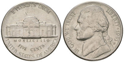 США 5 центов 1991 P, Томас Джефферсон KM A192 медно-никель aUNC 216-345