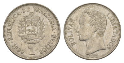 Венесуэла 1 боливар 1990 Симон Боливар, толстый шрифт Y 52a.2 сталь плакированная никелем 4591-1025