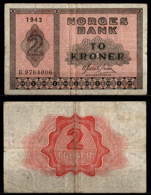 Норвегия 2 кроны 1943 Pick 16 a 1 бумага 2198-2-2-1