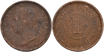 Стрейтс-Сетлментс 1 цент 1885 Виктория (1837-1901), Ост-Индская компания KM 9а бронза 4590-435