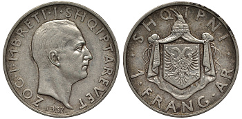 Албания 1 франга ари 1937 R, Ахмет Зогу I (1928-1939) KM 16 серебро 441-1614