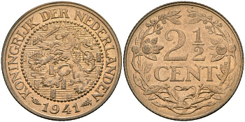 Нидерланды 2 1/2 цента 1941 Вильгельмина (1890-1948) KM 150 бронза 4579-234