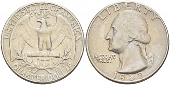 США 25 центов (квотер) 1967 Вашингтон KM 164a медь плакированная медно-никелем 213-1235